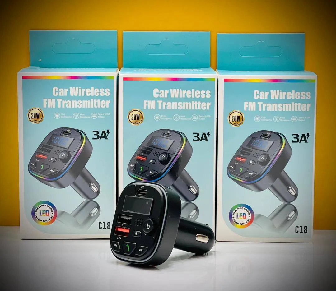 شارژر فندکی و اف ام پلیر بلوتوثی خودرو مدل C18 | فست شارژ 20W PD، رقص نور RGB و میکروفون مکالمه