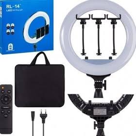 رینگ‌لایت LED 14 اینچ RL-14 — نور قابل تنظیم (3200K–6500K) با کنترل از راه دور و هولدر گوشی همراه با پایه